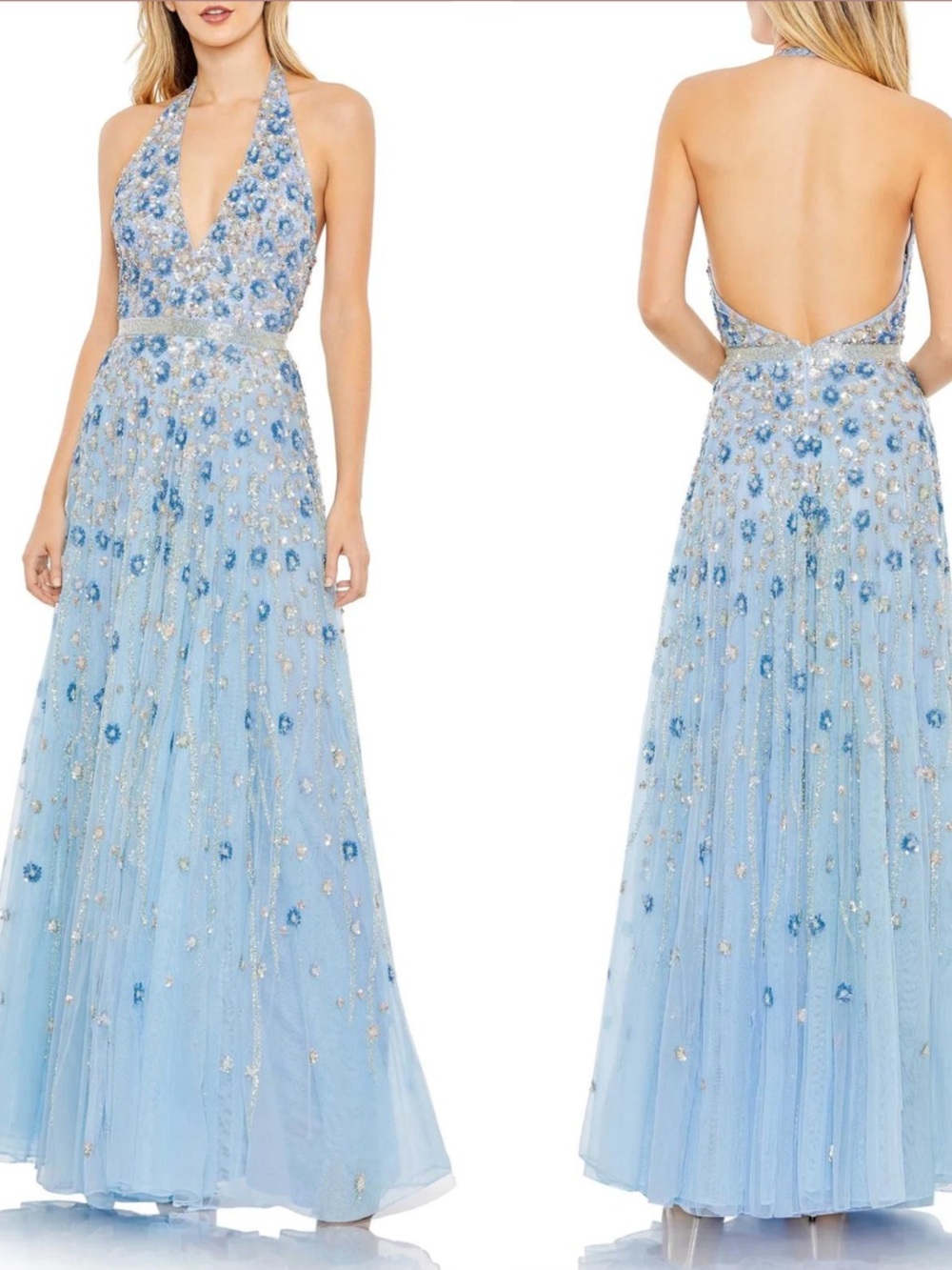 MAC DUGGAL 5654 FLORAL EMBELLISHED HALTER STRAP A-LINE POWDER BLUE GOWN
